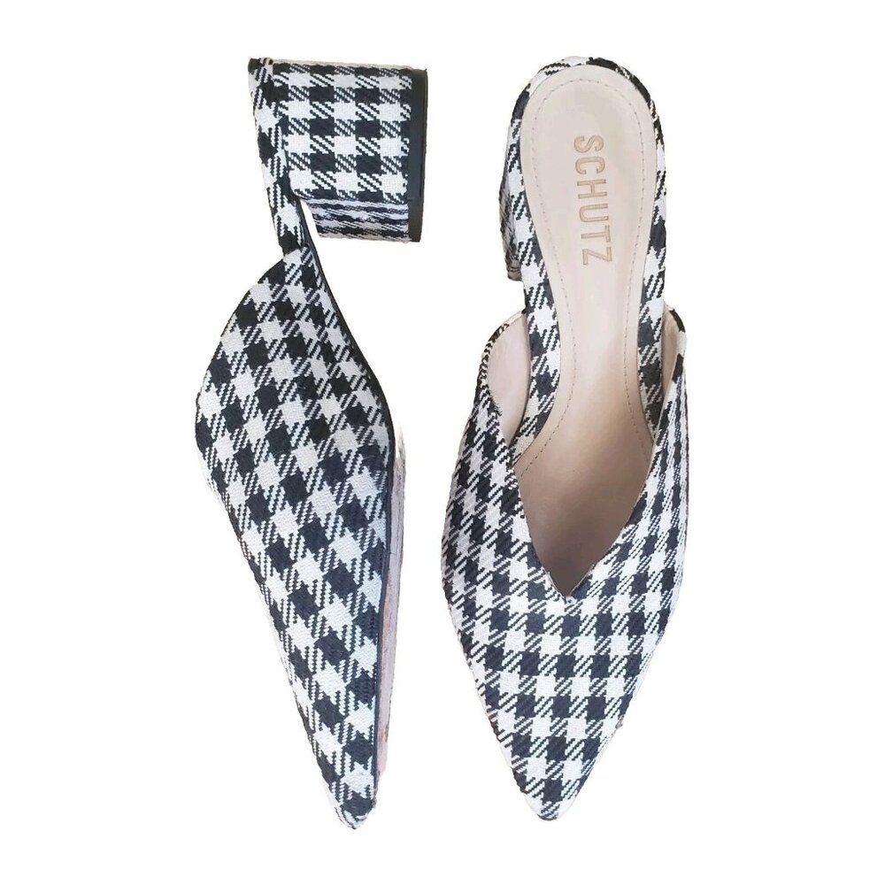 SCHUTZ Black and White Houndstooth Pointed Mules